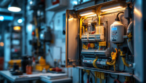 A photograph of a well-organized electrical box with labeled wires and tools arranged neatly around it