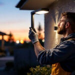 A photograph of a skilled lighting contractor installing a modern led security lamp in an outdoor setting