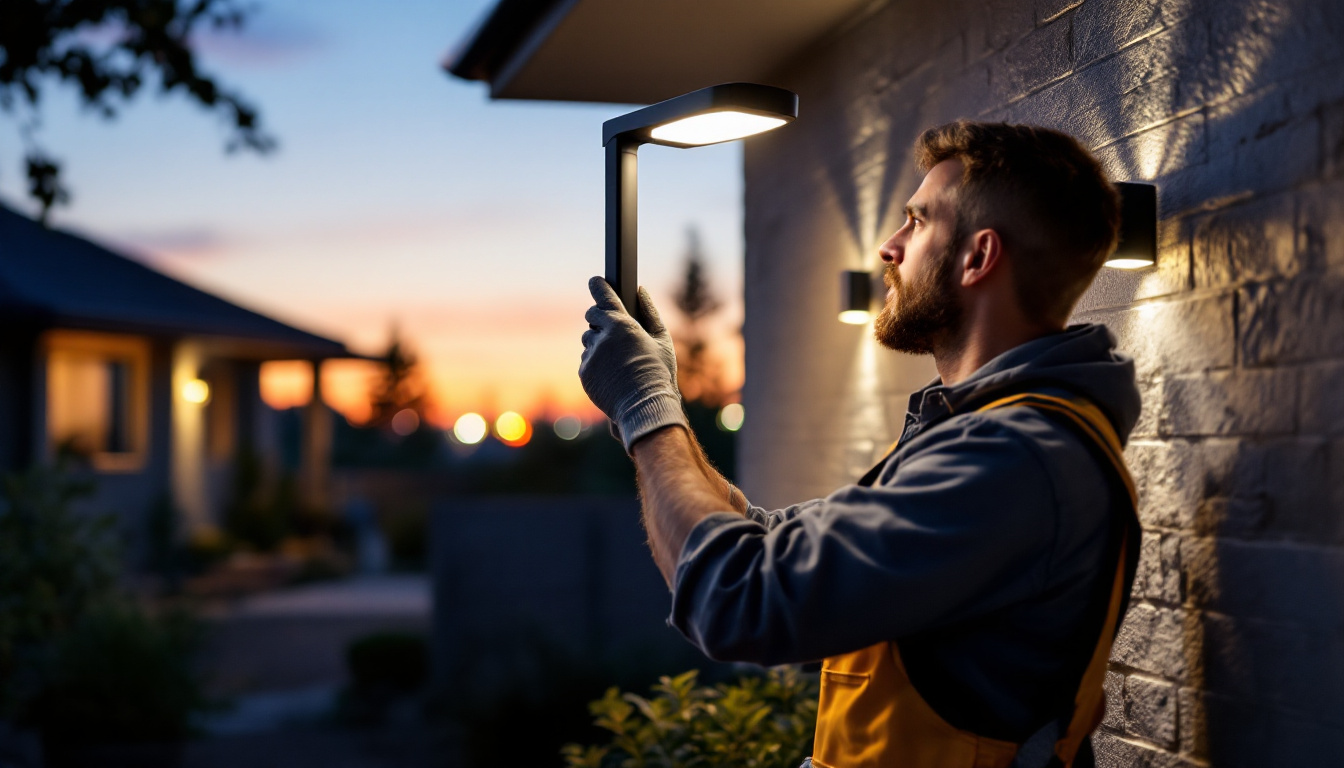 A photograph of a skilled lighting contractor installing a modern led security lamp in an outdoor setting