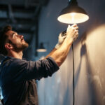 A photograph of a skilled lighting specialist at work
