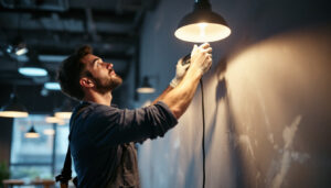 A photograph of a skilled lighting specialist at work