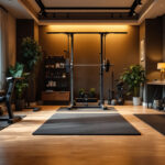 A photograph of a well-lit home gym space that showcases a combination of natural and artificial lighting