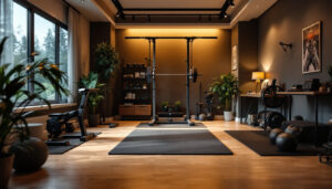 A photograph of a well-lit home gym space that showcases a combination of natural and artificial lighting