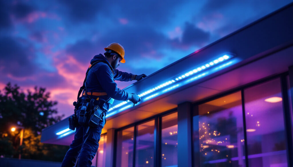 A photograph of a skilled lighting contractor installing led roof lights on a modern building
