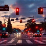 A photograph of a busy intersection at dusk