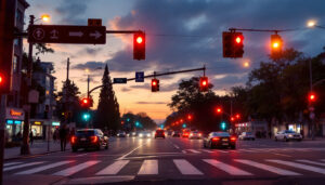 A photograph of a busy intersection at dusk