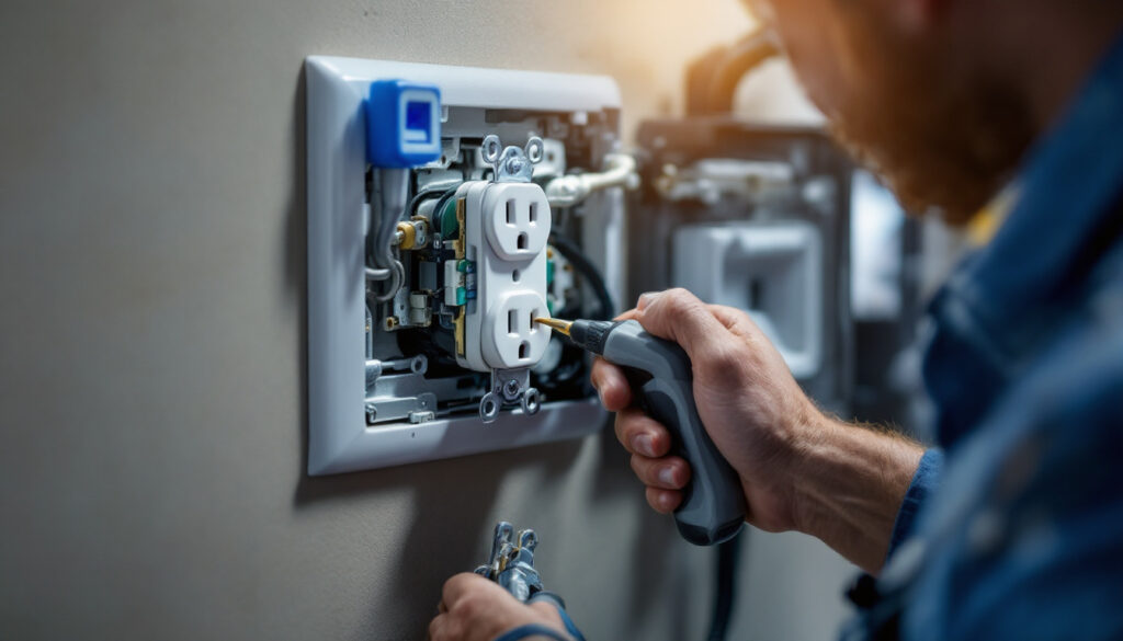 A photograph of a technician demonstrating the proper installation and safety checks of a dryer electrical outlet