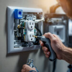 A photograph of a technician demonstrating the proper installation and safety checks of a dryer electrical outlet