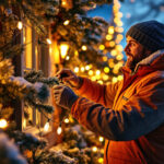 A photograph of a lighting contractor skillfully installing vibrant christmas lights on a residential home