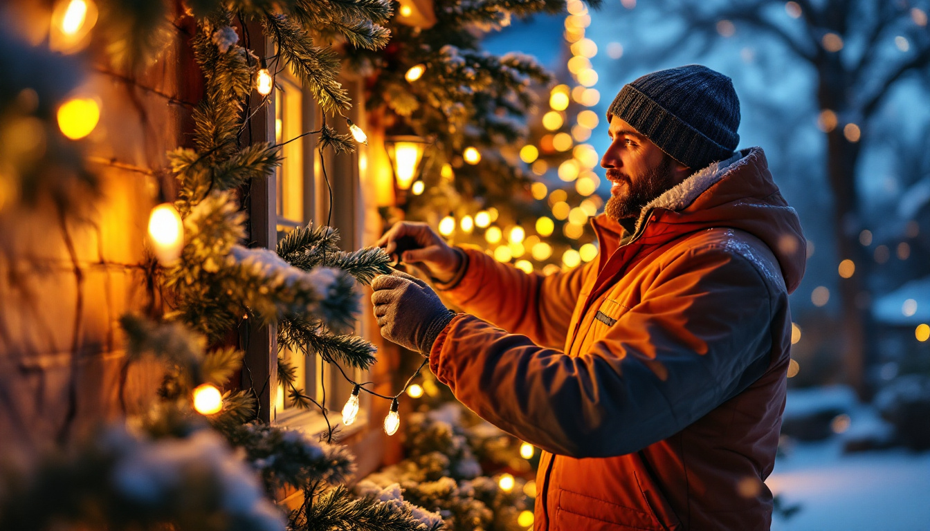 A photograph of a lighting contractor skillfully installing vibrant christmas lights on a residential home