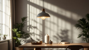 A photograph of a stylish hanging light pendant in a beautifully designed interior setting