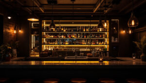 A photograph of a stylishly illuminated bar scene showcasing various lighting fixtures and their effects on the ambiance