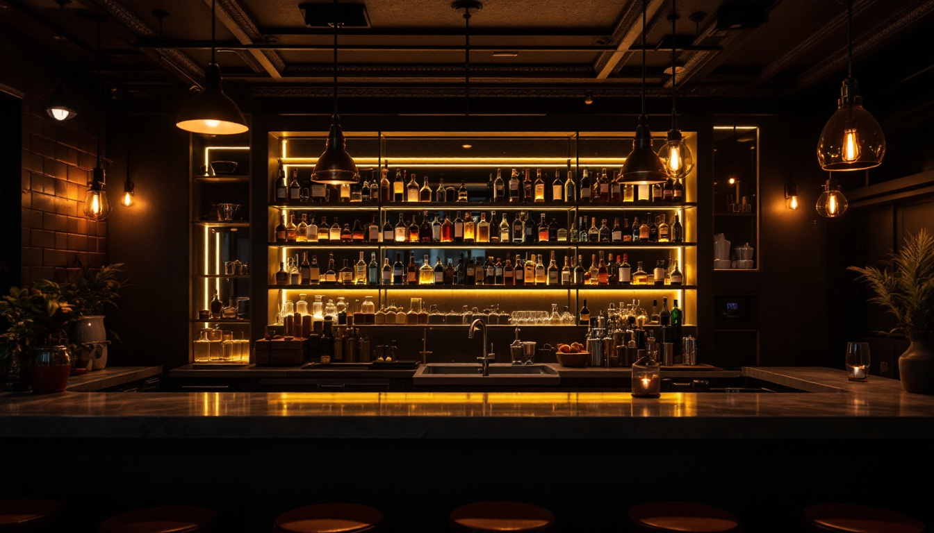 A photograph of a stylishly illuminated bar scene showcasing various lighting fixtures and their effects on the ambiance