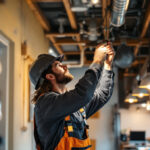 A photograph of a lighting contractor working on a unique