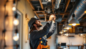 A photograph of a lighting contractor working on a unique