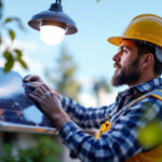 A photograph of a lighting contractor installing solar led lights in an outdoor setting