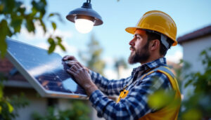 A photograph of a lighting contractor installing solar led lights in an outdoor setting