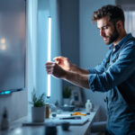 A photograph of a professional lighting contractor installing an 8-foot led light strip in a modern interior setting