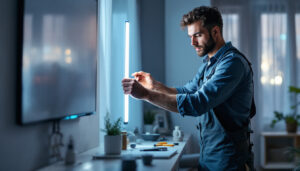 A photograph of a professional lighting contractor installing an 8-foot led light strip in a modern interior setting