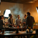 A photograph of a diverse team of professionals engaged in a hands-on lighting training session