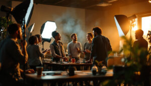 A photograph of a diverse team of professionals engaged in a hands-on lighting training session