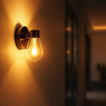 A photograph of a stylish hallway light fixture elegantly illuminating a modern hallway