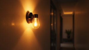A photograph of a stylish hallway light fixture elegantly illuminating a modern hallway