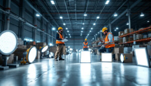 A photograph of a well-lit warehouse interior showcasing various led lamps in use