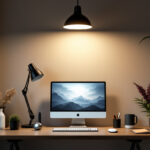 A photograph of a well-designed home office featuring modern light fixtures that enhance productivity