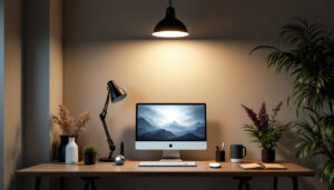 A photograph of a well-designed home office featuring modern light fixtures that enhance productivity