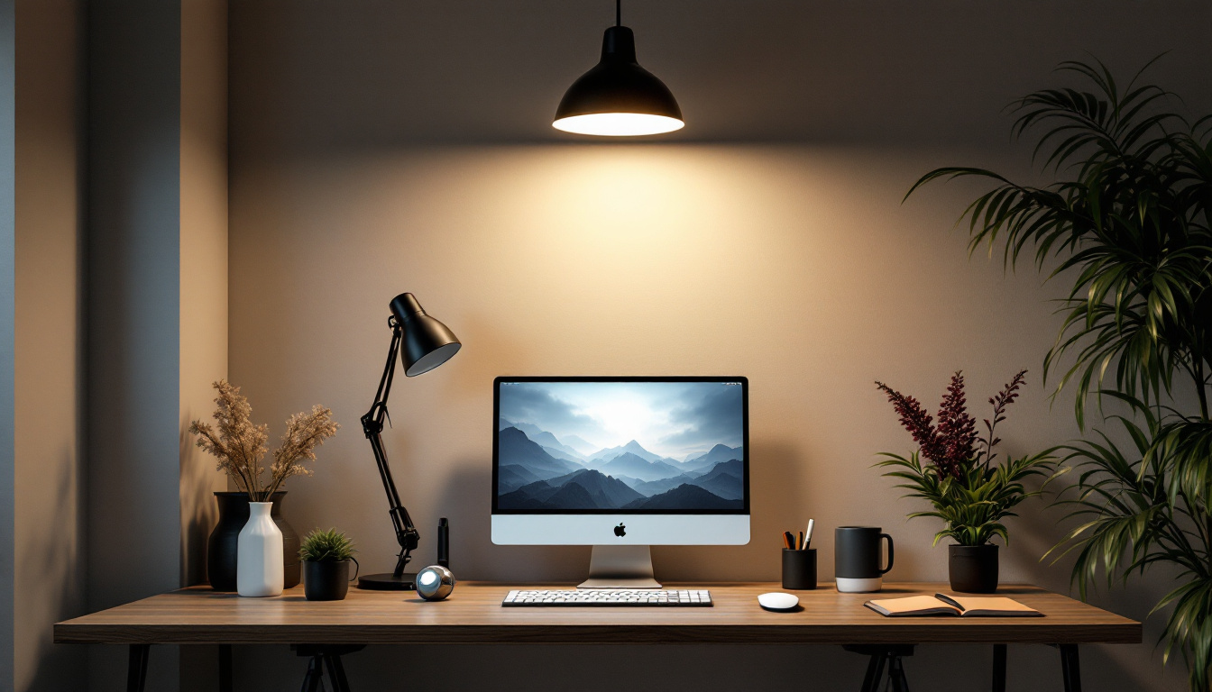 A photograph of a well-designed home office featuring modern light fixtures that enhance productivity