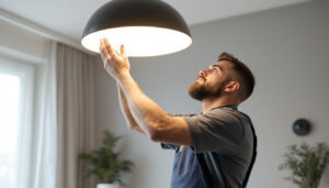 A photograph of a lighting contractor expertly installing or adjusting a modern lighting fixture in a stylish