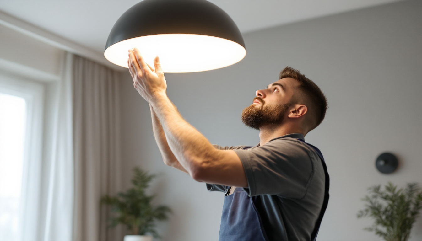 A photograph of a lighting contractor expertly installing or adjusting a modern lighting fixture in a stylish
