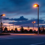 A photograph of a modern parking lot illuminated by sleek pole lights at dusk