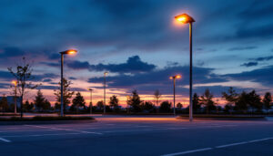 A photograph of a modern parking lot illuminated by sleek pole lights at dusk