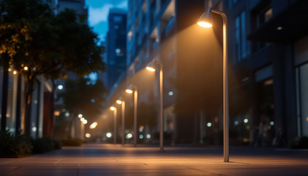 A photograph of a modern industrial outdoor lighting setup in an urban environment at dusk