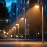 A photograph of a modern industrial outdoor lighting setup in an urban environment at dusk