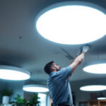 A photograph of a well-lit room featuring modern drop-in ceiling lights