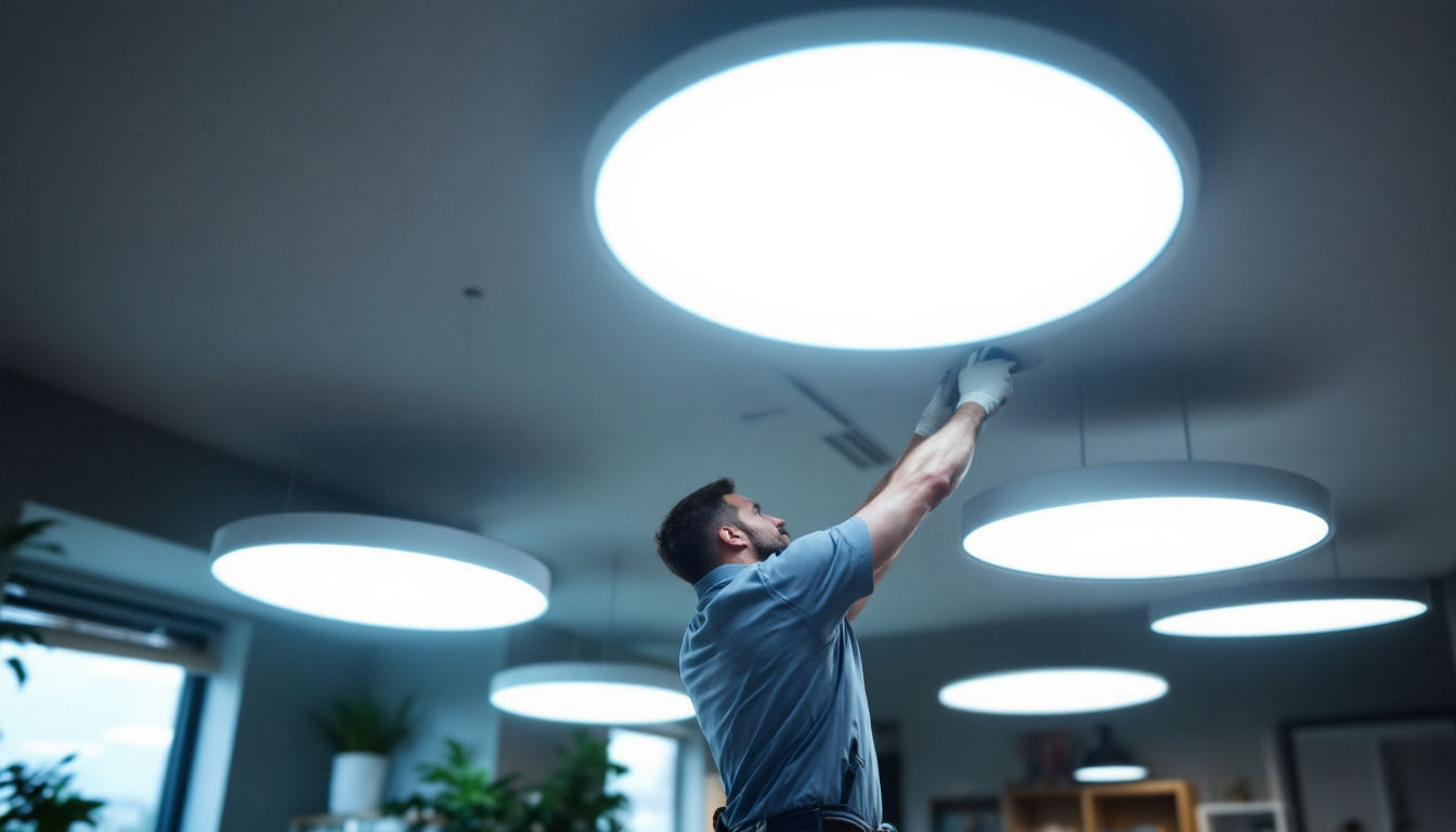 A photograph of a well-lit room featuring modern drop-in ceiling lights