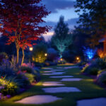 A photograph of a beautifully illuminated garden scene at dusk