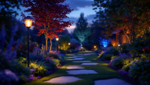 A photograph of a beautifully illuminated garden scene at dusk