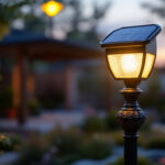 A photograph of a solar light mounted on a decorative pole in a landscaped outdoor setting