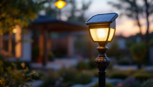 A photograph of a solar light mounted on a decorative pole in a landscaped outdoor setting