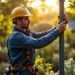 A photograph of a lighting contractor installing an outdoor lighting pole in a beautifully landscaped setting