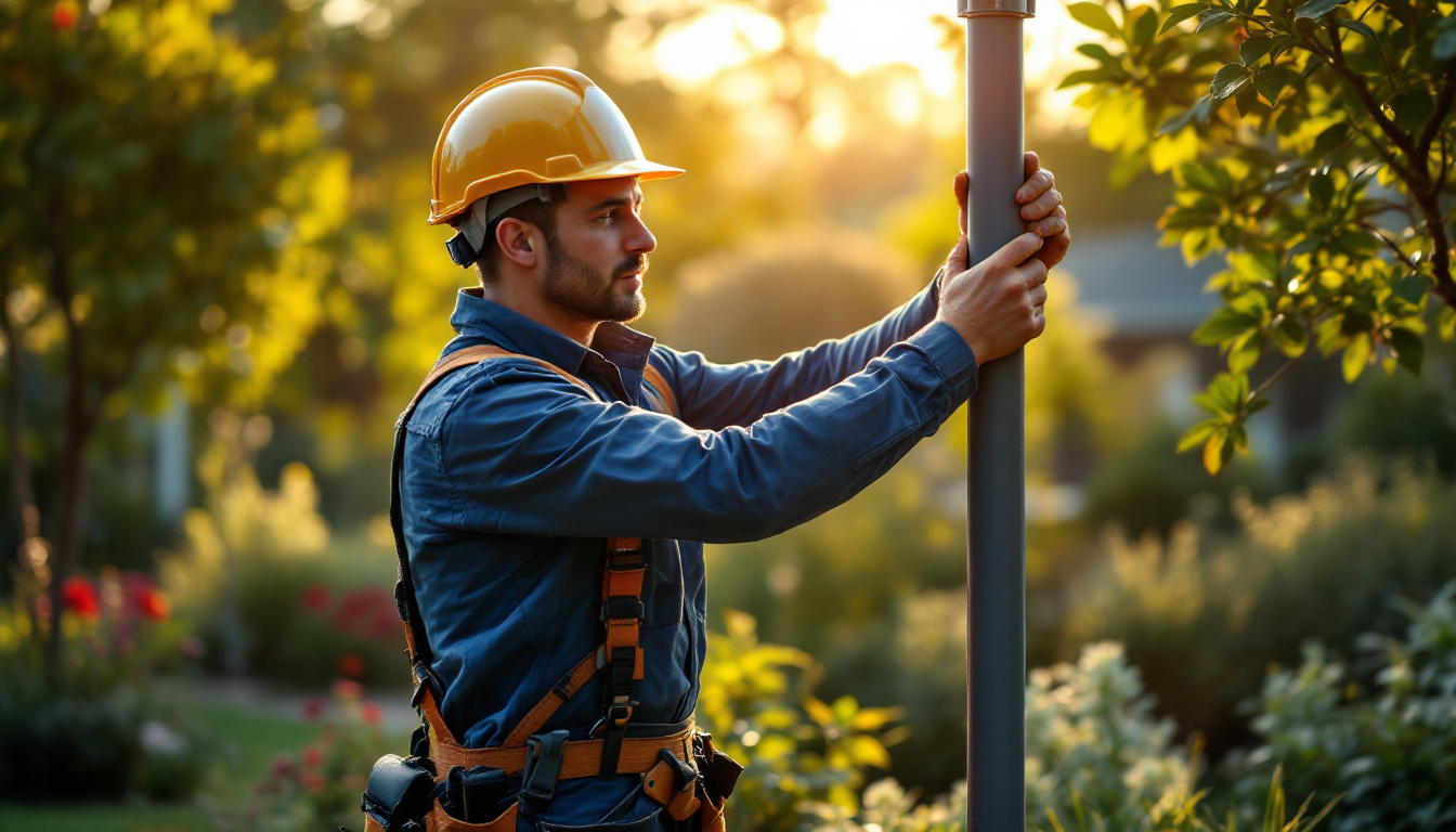 A photograph of a lighting contractor installing an outdoor lighting pole in a beautifully landscaped setting