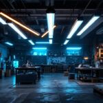 A photograph of a well-lit workshop or retail space showcasing various fluorescent shop lights in use