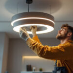 A photograph of a beautifully designed floating ceiling light installation in a modern interior setting