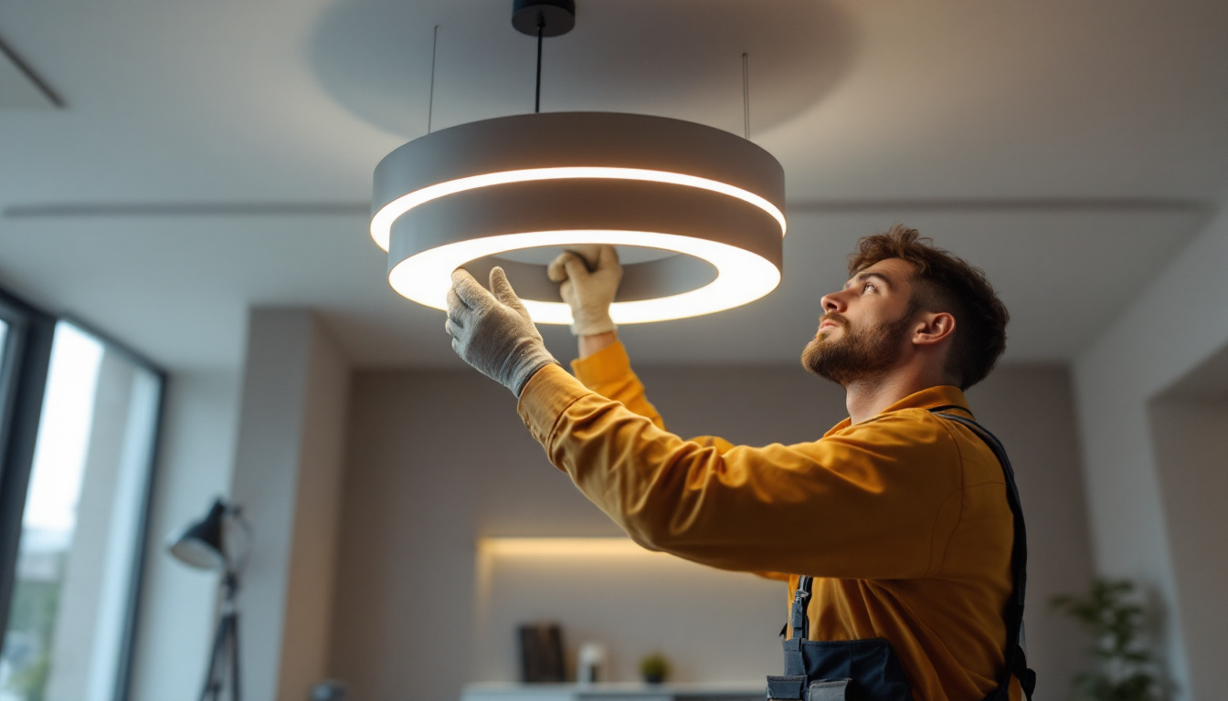 A photograph of a beautifully designed floating ceiling light installation in a modern interior setting