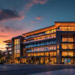 A photograph of a stunning exterior building illuminated by strategically placed architectural lights at dusk