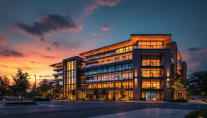 A photograph of a stunning exterior building illuminated by strategically placed architectural lights at dusk